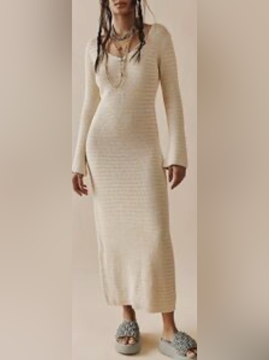 FP Beach Dresses & Skirts - FP Beach Cream Open Knit Crochet Long-Sleeve Dress